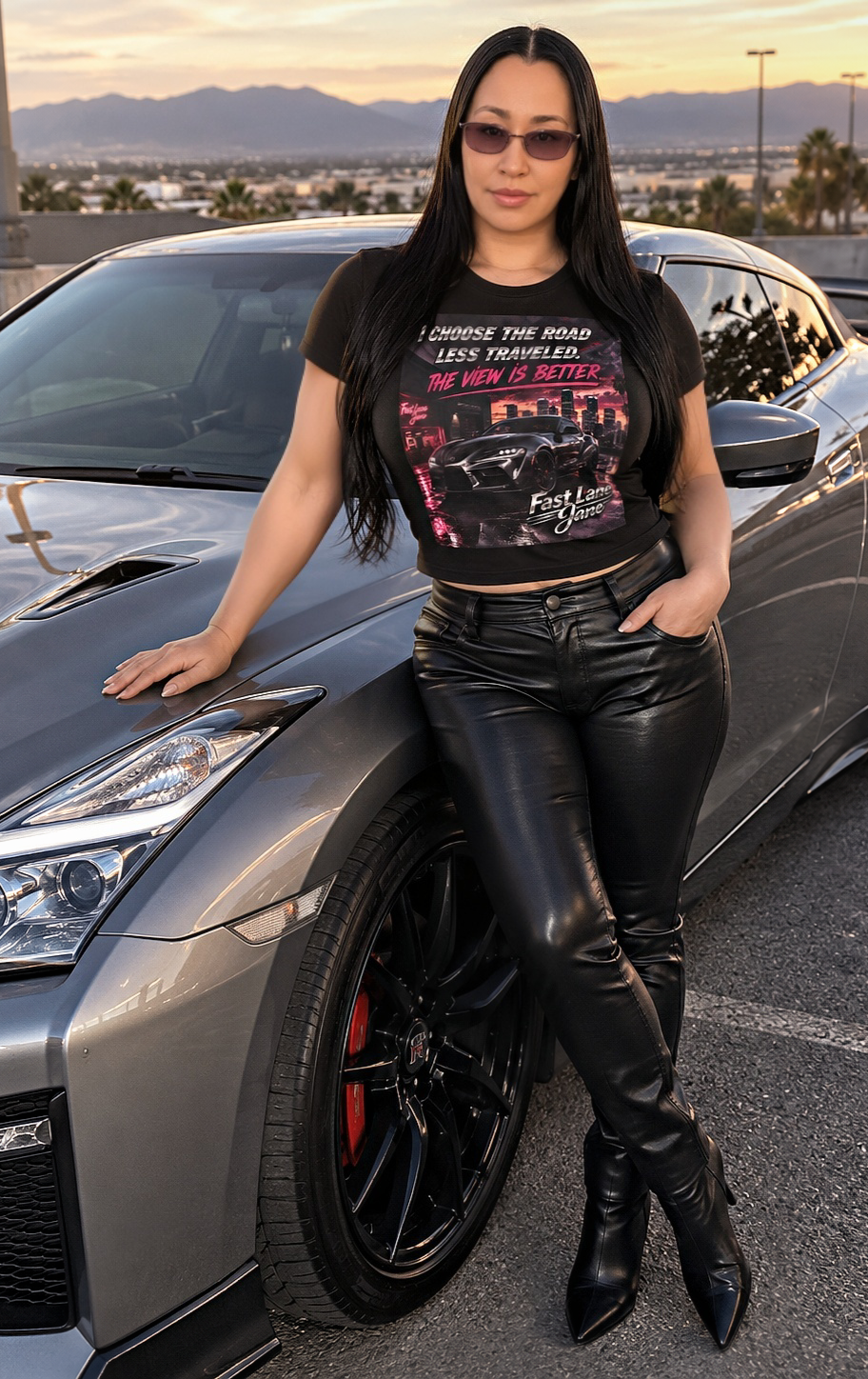 Fast Lane Jane apparel styled beside a sports car